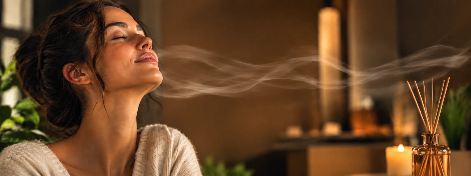Mujer disfrutando del aroma de un difusor